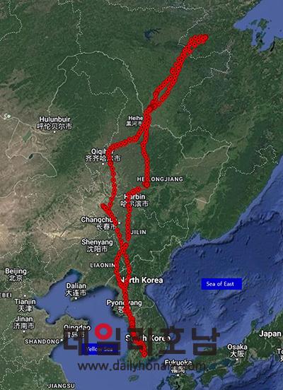 지난 2월 순천만을 떠난 흑두루미의 이동경로가 녹화된 사진 순천시 제공 
