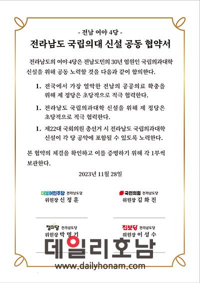 이날 전남 여야 4당 도당위원장들이 작성한 공동협약서 전남도의회 제공