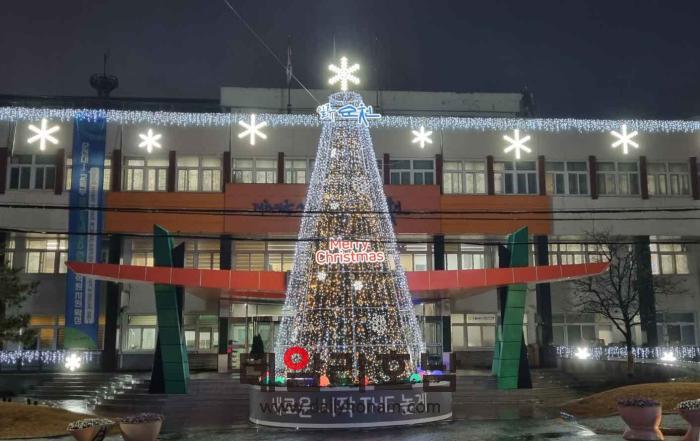 지난 14일 순천시청 앞 광장에 설치된 성탄 트리 성탄 트리는 내년 1월 31일까지 매일 밝은 빛을 밝힐 전망이다 서한초 기자